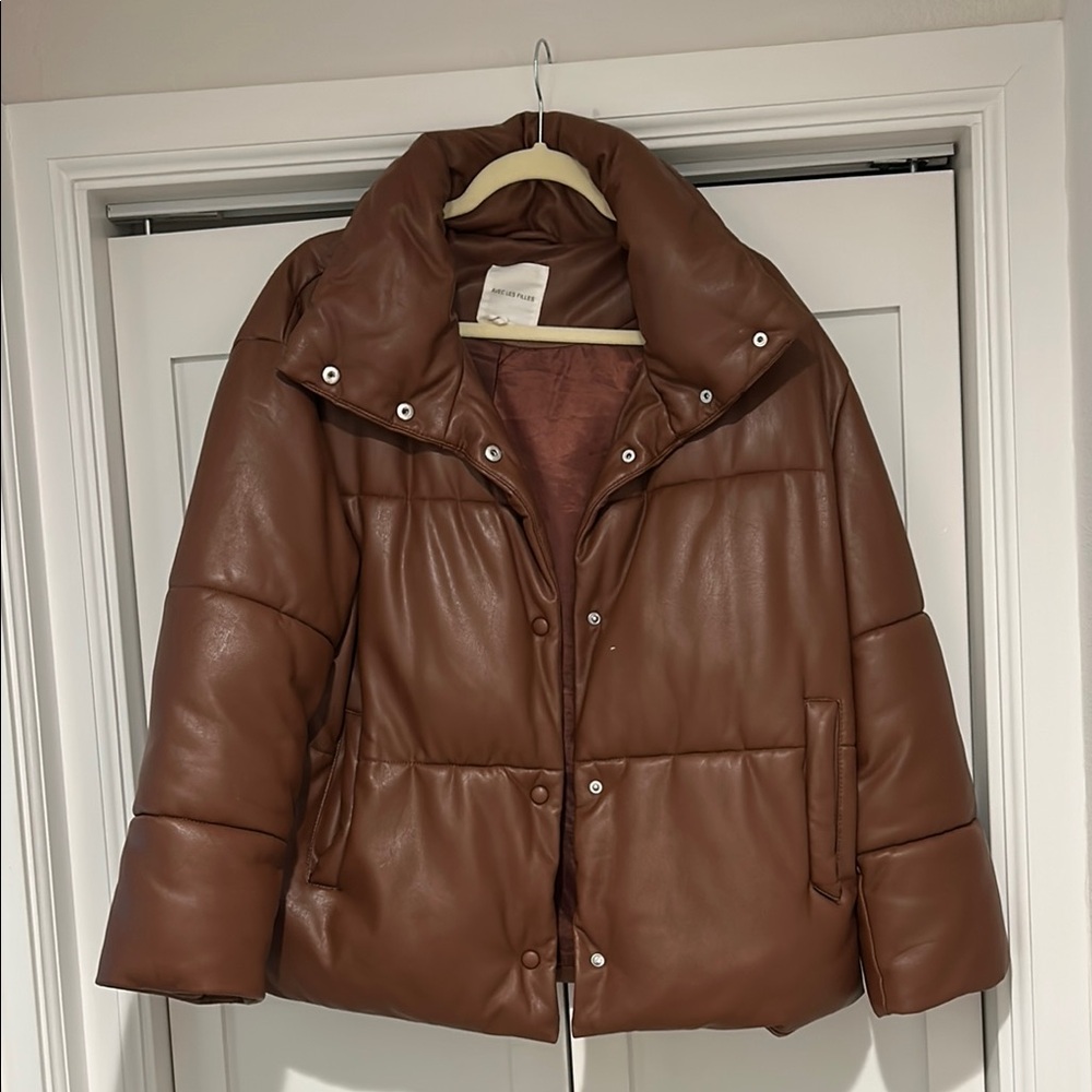 Avec Les Filles Brown Puffer Jacket High Collar Quilted
